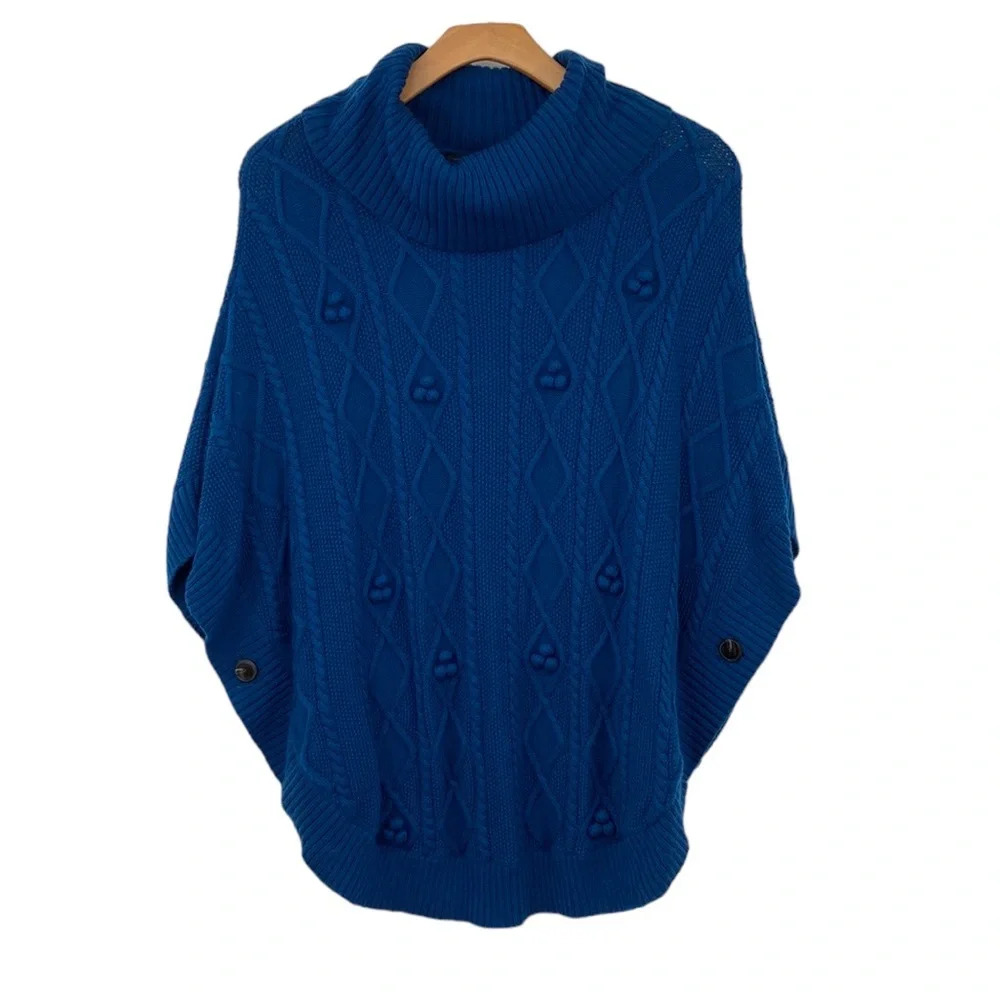 Talbots Sweater Womens Small Blue Cable Knit Poncho Pullover Pom Pom Cape Chunky